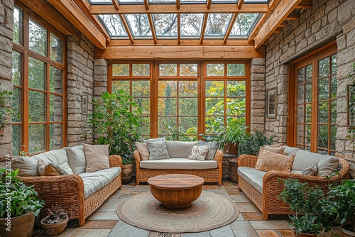 
Elegant and cozy sunroom with large windows, stone walls, light wood furniture, glass roof, green plants, and a round table at the center.
