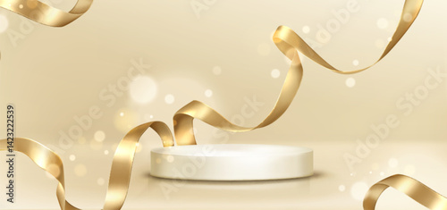 Gold ribbon curls and podium on sparkly light background. Luxury golden satin swirls, glossy streamers flying around white stage. Shiny metallic foil decoration elements for award ceremony design.