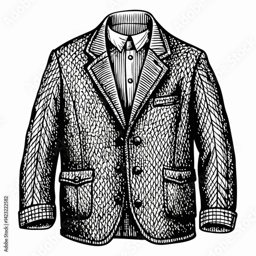 Vintage Engraved Men's Blazer Illustration with Classic Pattern Details for Fashion Design