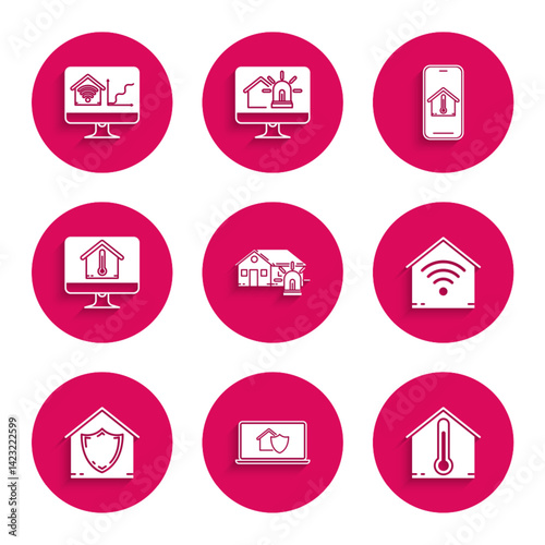 Set Smart house and alarm, Laptop with under protection, House temperature, home wi-fi, Computer monitor, Mobile phone and smart icon. Vector