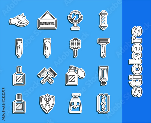 Set line Blade razor, Cream lotion cosmetic tube, Shaving, Hand mirror, Electrical hair clipper shaver, gel foam hand and Hairbrush icon. Vector