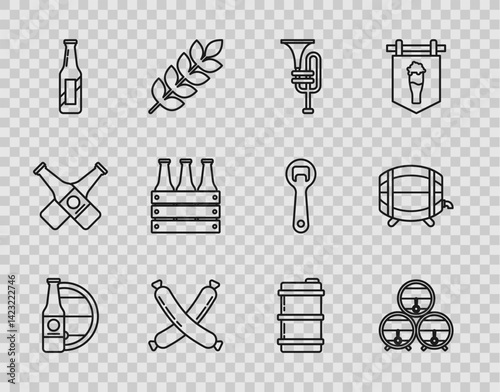Set line Beer bottle and wooden barrel, Wooden on rack with stopcock, Musical instrument trumpet, Crossed sausage, Pack of beer bottles, Metal keg and icon. Vector