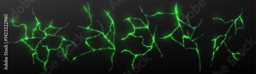 Green glowing cracks and earthquake fissures with luminous effect. Neon fractured earth texture, bright seismic rifts. Vibrant toxic waste leaks with radioactive substance. Shiny energy beams.