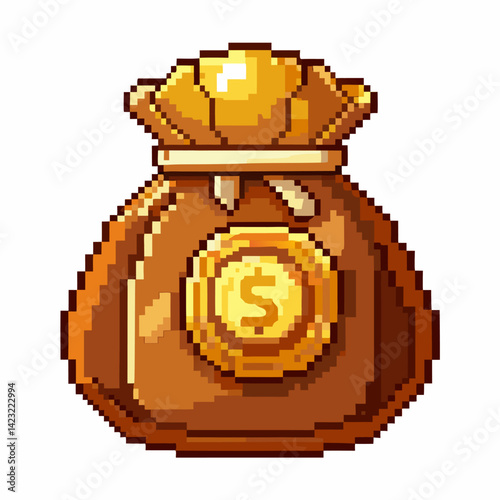 Pixel Art Money Bag Icon with Golden Coin for Retro Game Design