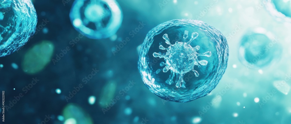 Microscopic view of Coronavirus virion particle with detailed structure in blue liquid Concept of virus, infection, pandemic, and disease Microscopic view of Coronavirus virion particle with detailed structure in blue liquid Concept of virus, infection, pandemic, and disease