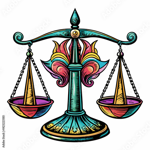 Colorful Retro Style Balance Scales Symbolizing Justice and Equality