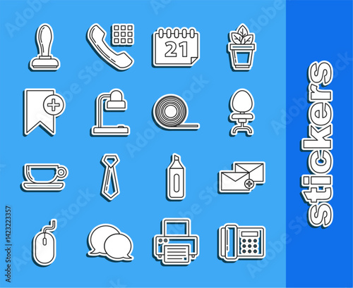 Set line Telephone, Envelope, Office chair, Calendar, Table lamp, Bookmark, Stamp and Scotch icon. Vector