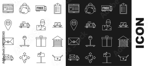 Set line Cardboard box with traffic symbol, Railway carriage, Free delivery service, Delivery truck cardboard boxes, Placeholder on map paper, Laptop app tracking and man icon. Vector