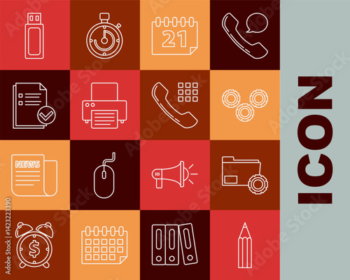 Set line Pencil, Folder settings with gears, Gear, Calendar, Printer, Document and check mark, USB flash drive and Telephone handset icon. Vector
