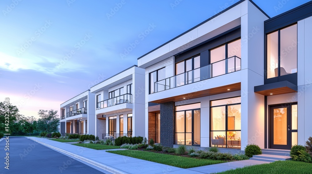 Modern Minimalist Townhouses in a Scenic Setting with Elegant Architecture and Well-Manicured Landscaping at Dusk Modern Minimalist Townhouses in a Scenic Setting with Elegant Architecture and Well-Manicured Landscaping at Dusk