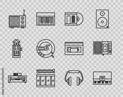Set line Music CD player, Piano, Vinyl disk, Drum with drum sticks, Radio antenna, Headphones and tape icon. Vector