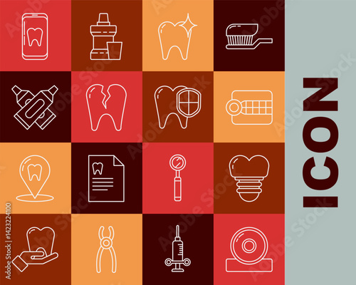Set line Otolaryngological head reflector, Dental implant, Dentures model, Tooth whitening concept, Broken tooth, Crossed tube of toothpaste, Online dental care and protection icon. Vector
