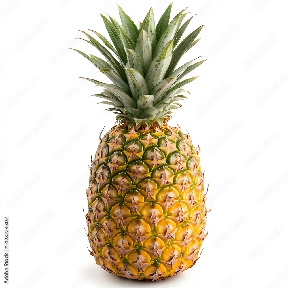 Fototapeta premium A vibrant pineapple, ripe and golden, stands against a pure white backdrop. Its spiky crown and textured skin are beautifully detailed.
