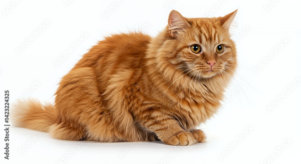 Obraz premium Fluffy Ginger Cat Seated in Isolation against Bright White Background with Vibrant Orange Fur and Expressive Eyes