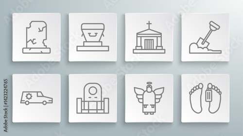 Set line Hearse car, Coffin, Grave with tombstone, Christmas angel, Dead body, Old crypt, Shovel the ground and grave icon. Vector