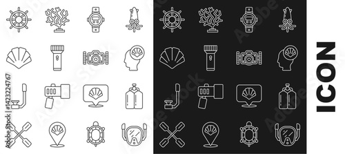 Set line Diving mask, Aqualung, Scallop sea shell, watch, Flashlight, Ship steering wheel and Photo camera icon. Vector
