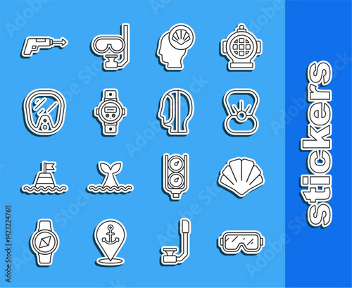 Set line Diving mask, Scallop sea shell, Shell with pearl, watch, Fishing harpoon and hood icon. Vector
