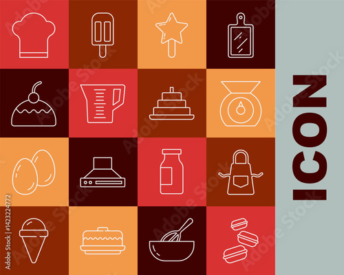 Set line Macaron cookie, Kitchen apron, Scales, Lollipop, Measuring cup, Cake, Chef hat and with burning candles icon. Vector