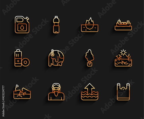 Set line Earthquake, Face in protective mask, Canister for gasoline, Rise water level, Plastic bag, Global warming, Drought and Tree icon. Vector
