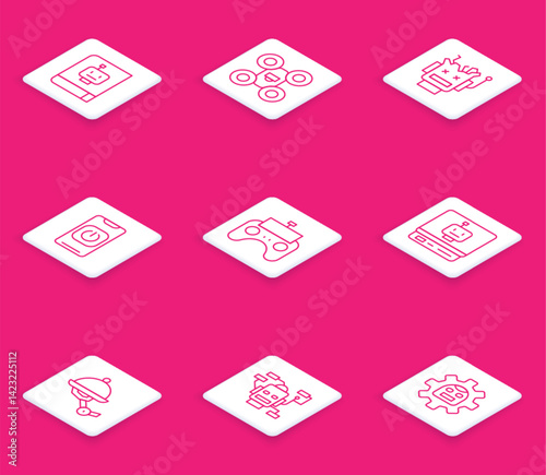 Set line User manual, Drone, Broken robot, Turn off from phone, Remote control, Robot, Waiter and icon. Vector