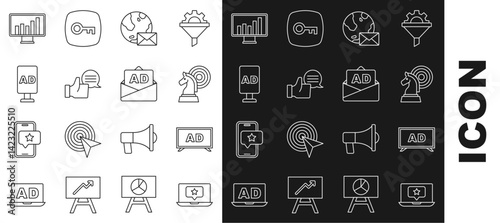 Set line Laptop with star, Advertising, Chess, Earth globe mail, Customer product rating, Monitor graph chart and icon. Vector