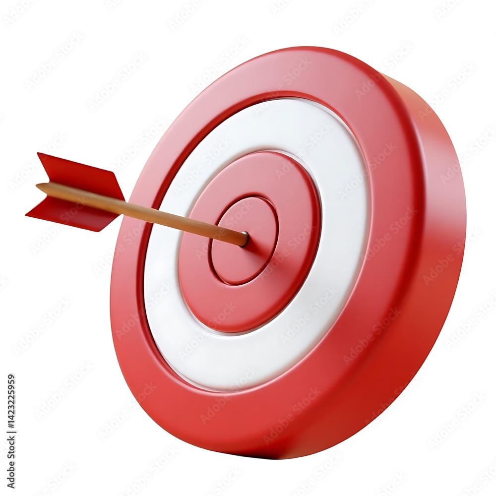 Red arrow hits bullseye target success achievement goal 3D render Red arrow hits bullseye target success achievement goal 3D render