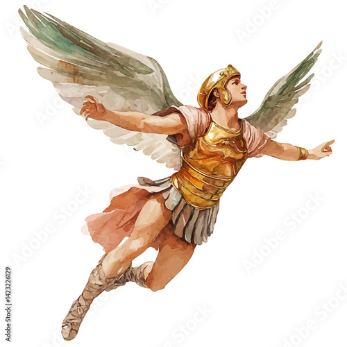 Roman God Mercury Flying With His Winged Helmet, watercolor vector, isolated on a white background.