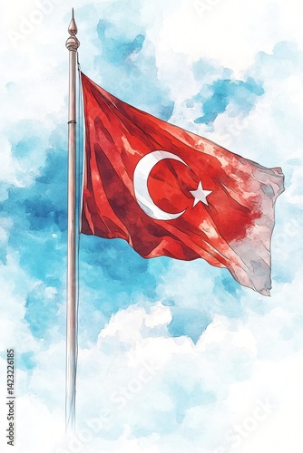 Turkish Flag Watercolor Painting A National Symbol Waving Proudly in the Sky