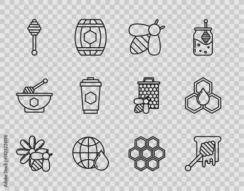 Set line Bee and flower, Honey dipper stick with dripping honey, Honeycomb map of the world, Cup tea, and icon. Vector