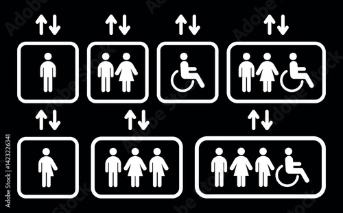 Elevator lift vector icon set on black background. Male, female, disabled person, all gender, gender neutral signs flat collection. Arrows up and down.