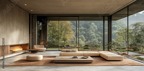 Spacious minimalist living room features a fireplace and comfy seating overlooking stunning mountain scenery. Perfect for interior design and home decor inspiration.