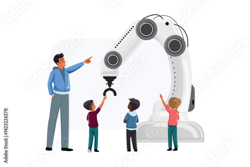 Educator demonstrating advanced machinery with robotic arm to attentive kids, back view