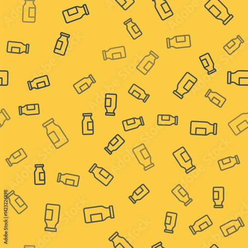 Blue line Closed glass bottle with milk icon isolated seamless pattern on yellow background. Vector