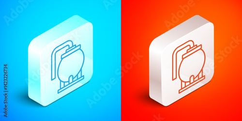 Isometric line Oil tank storage icon isolated on blue and red background. Vessel tank for oil and gas industrial. Oil tank technology station. Silver square button. Vector