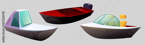 Modern speedboats set isolated on background. Vector cartoon illustration of motorboats with glass windshields, water transport for coast guard, vacation travel, speed race, marine fishing yacht