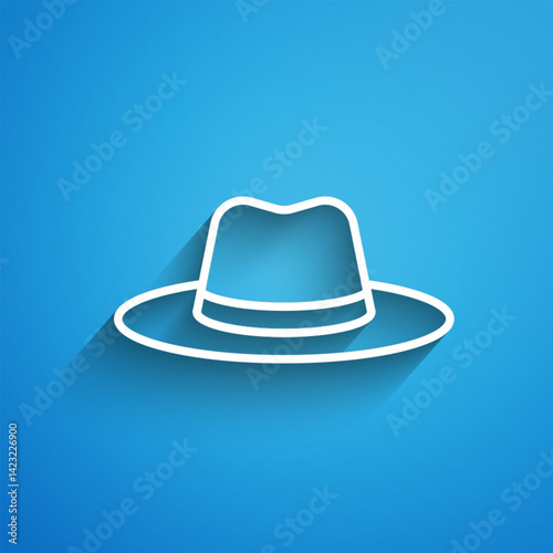 White line Man hat with ribbon icon isolated on blue background. Long shadow. Vector