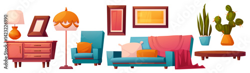 Lounge living room furniture set isolated on white background. Vector cartoon illustration of couch and armchair, boho floor lamp, wooden table, picture frames on wall, cozy home interior elements