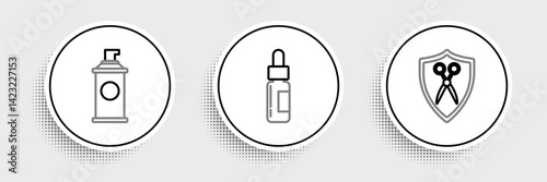 Set line Scissors hairdresser and shield, Shaving gel foam and Glass bottle with pipette icon. Vector