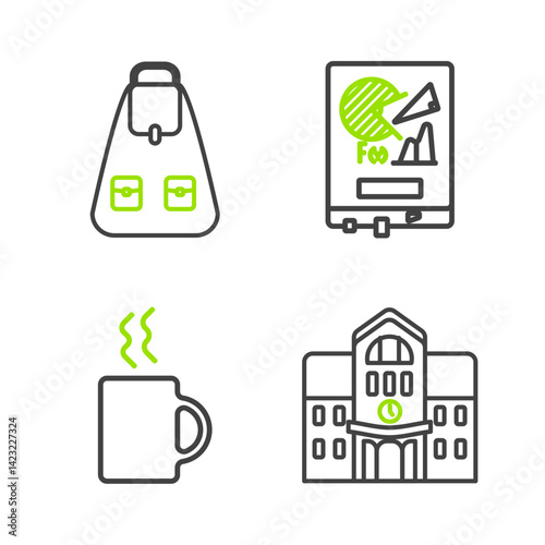 Set line School building, Coffee cup, Board with graph chart and backpack icon. Vector