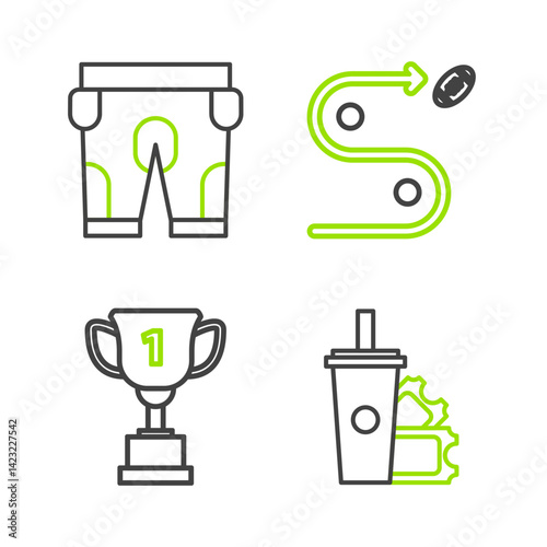 Set line American Football ticket and paper glass soda with drinking straw, Award cup, Planning strategy concept and football shorts icon. Vector