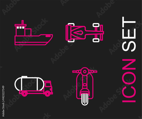 Set line Scooter, Tanker truck, Formula race car and Cargo ship icon. Vector