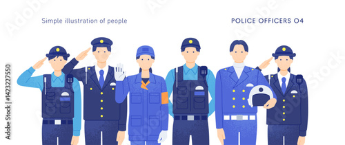 男女の警察官が集合。白バイ隊員や鑑識官など、警察で働く人々のイラストセット。