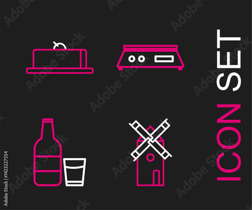 Set line Windmill, Glass bottle with milk and glass, Electronic scales and Strawberry cheesecake slice icon. Vector