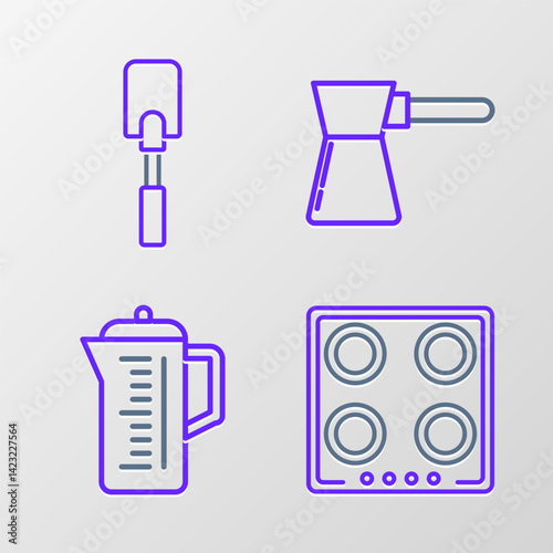 Set line Gas stove, Teapot, Coffee turk and Spatula icon. Vector