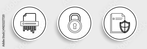 Set line Document protection concept, Paper shredder confidential and Lock icon. Vector
