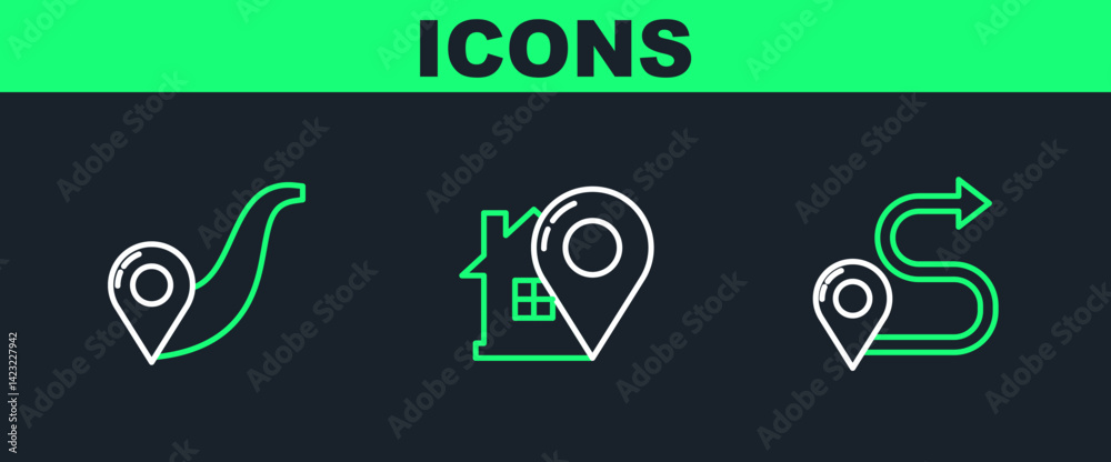 Set line Route location, and Map pointer with house icon. Vector Set line Route location, and Map pointer with house icon. Vector