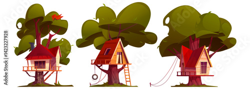 Cute treehouses set isolated on white background. Vector cartoon illustration of small wooden huts with rope ladders on green trees in summer park, kindergarten on home backyard, kids game camp