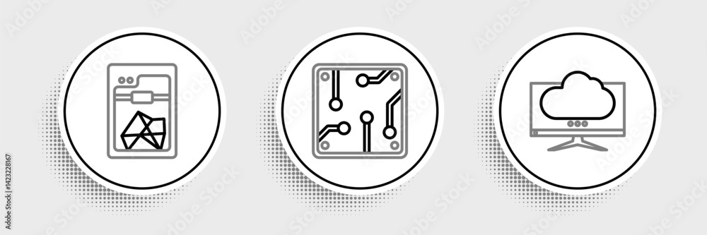 Set line Computer monitor screen, 3D printer and Processor icon. Vector Set line Computer monitor screen, 3D printer and Processor icon. Vector