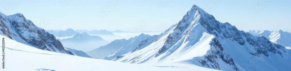 Fototapeta premium Snowy mountain peak with icy cliffs and swirling snowdrifts, snowdrifts, peak