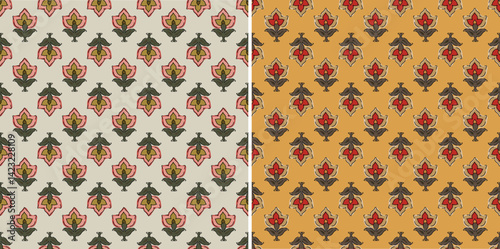 Seamless Kalamkari Multicolor Ikat Lotus Block Print Repeat Traditional Vector Pattern
